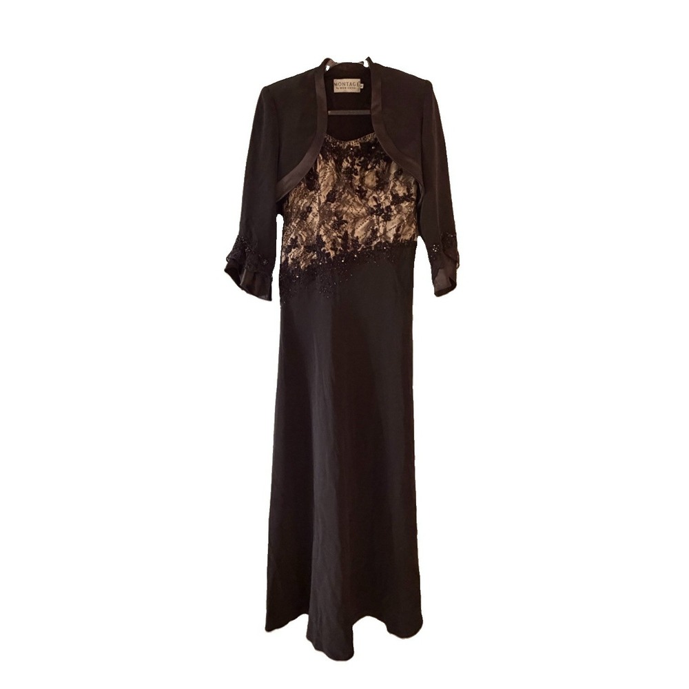 Montage by Mon Cheri Gown Size 6 2-Piece Dress & Jacket Set Beaded Lace Brown